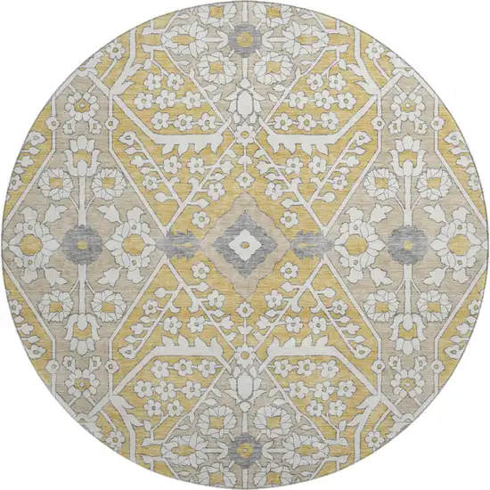 8' Gold Gray And Ivory Floral Washable Round Rug With UV Protection Photo 2