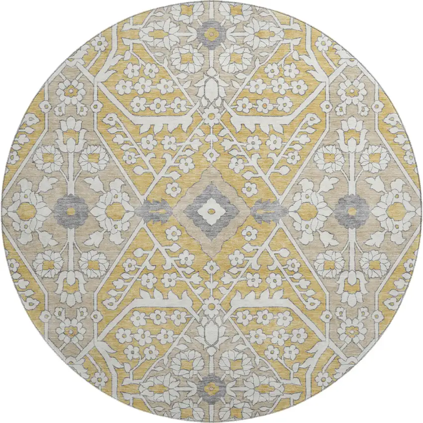 8' Gold Gray And Ivory Floral Washable Round Rug With UV Protection Photo 2