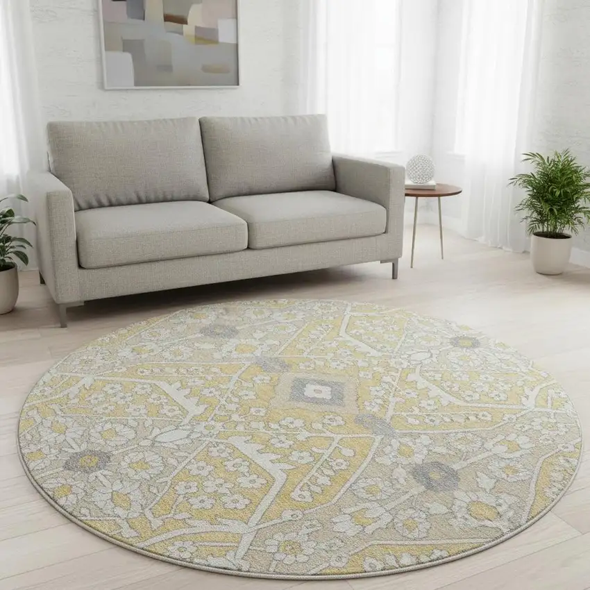 8' Gold Gray And Ivory Floral Washable Round Rug With UV Protection Photo 1