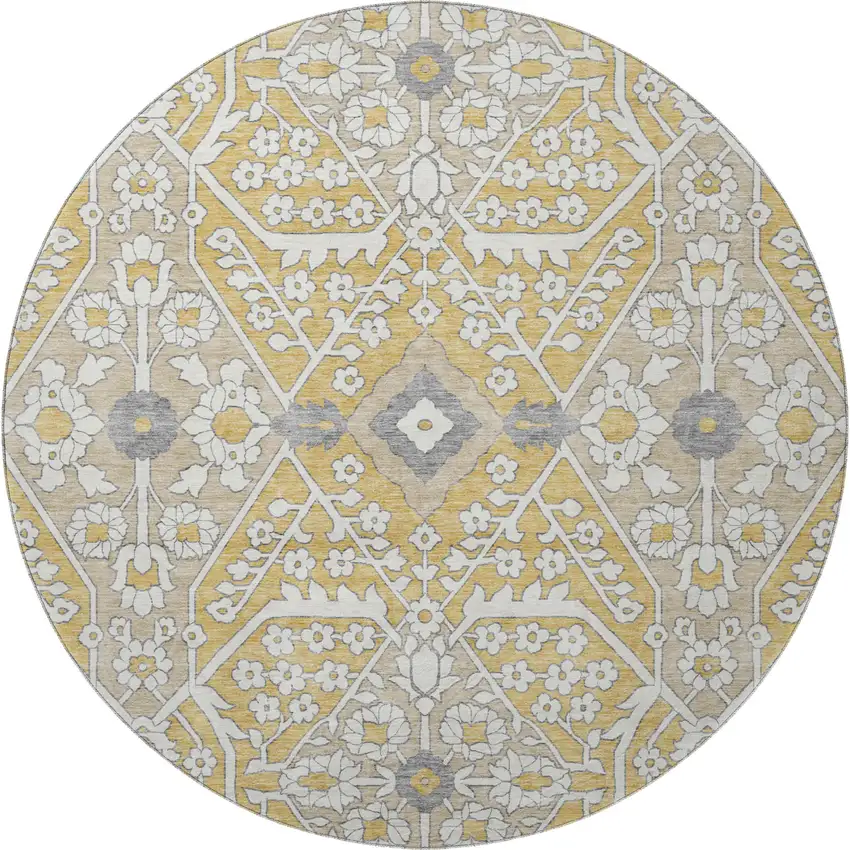 8' Gold Gray And Ivory Floral Washable Round Rug With UV Protection Photo 5