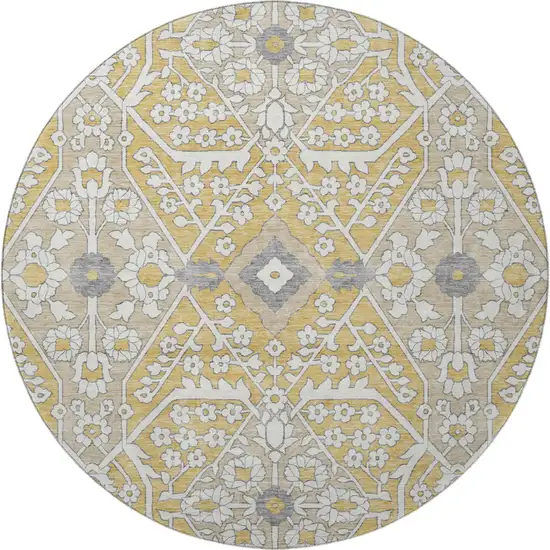 8' Gold Gray And Ivory Floral Washable Round Rug With UV Protection Photo 5