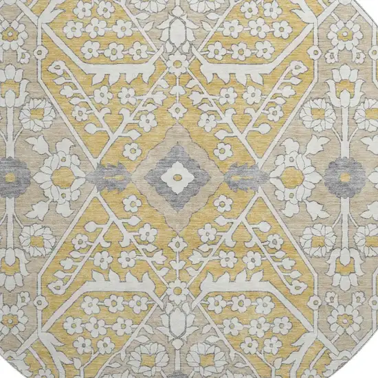 8' Gold Gray And Ivory Floral Washable Round Rug With UV Protection Photo 4