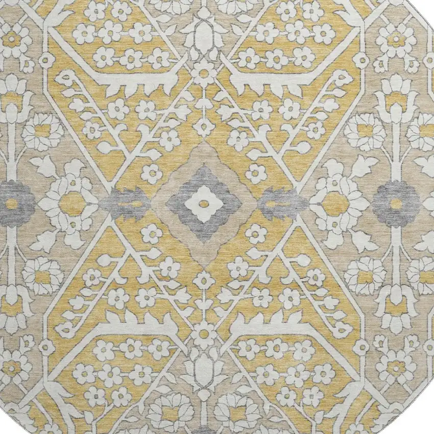 8' Gold Gray And Ivory Floral Washable Round Rug With UV Protection Photo 4