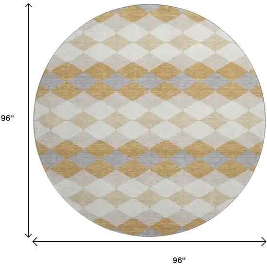 8' Gold Gray And Ivory Geometric Washable Round Rug With UV Protection Photo 9