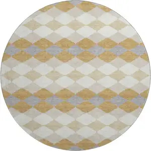 Photo of 8' Gold Gray And Ivory Geometric Washable Round Rug With UV Protection