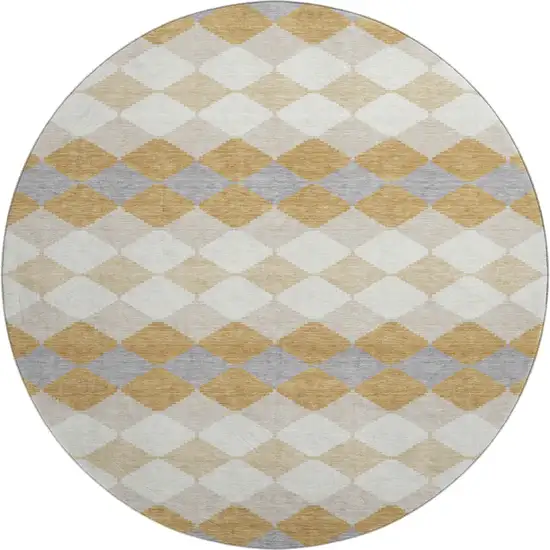 8' Gold Gray And Ivory Geometric Washable Round Rug With UV Protection Photo 1