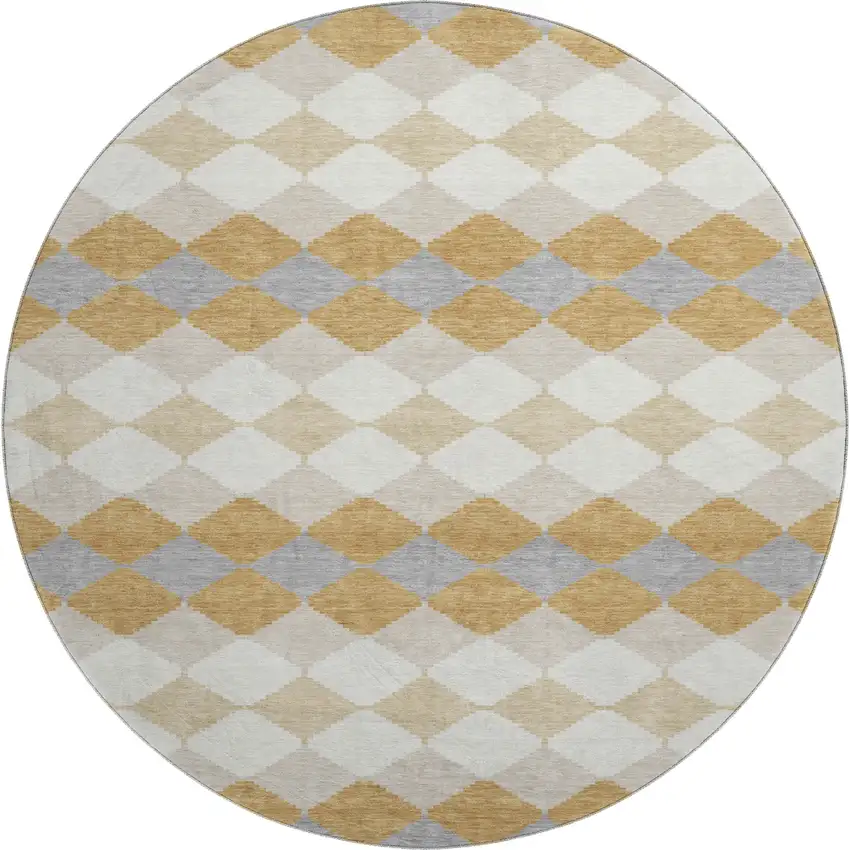 8' Gold Gray And Ivory Geometric Washable Round Rug With UV Protection Photo 1