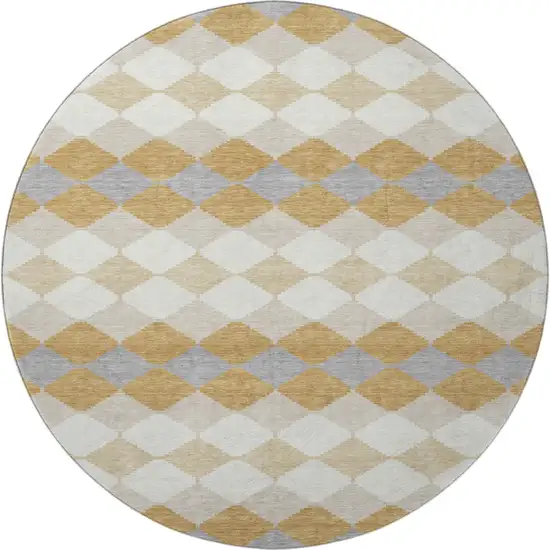 8' Gold Gray And Ivory Geometric Washable Round Rug With UV Protection Photo 3
