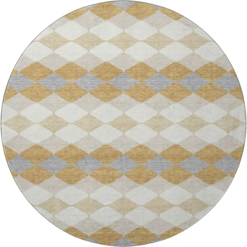 8' Gold Gray And Ivory Geometric Washable Round Rug With UV Protection Photo 3