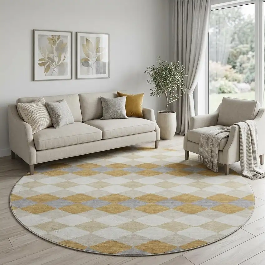 8' Gold Gray And Ivory Geometric Washable Round Rug With UV Protection Photo 1