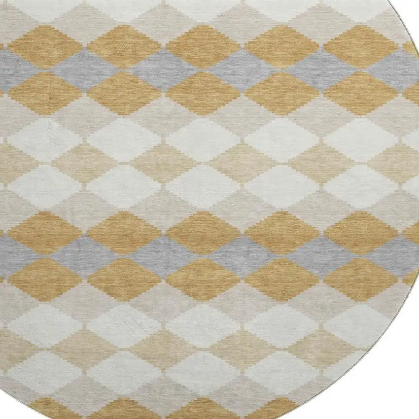 8' Gold Gray And Ivory Geometric Washable Round Rug With UV Protection Photo 2