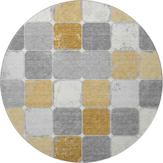 8' Gold Gray And Ivory Geometric Washable Round Rug With UV Protection Photo 4