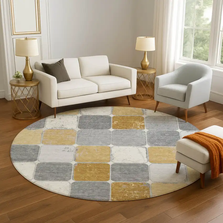 8' Gold Gray And Ivory Geometric Washable Round Rug With UV Protection Photo 5