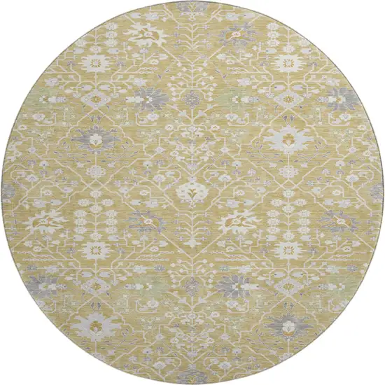 8' Gold Gray And Ivory Oriental Washable Round Rug With UV Protection Photo 1
