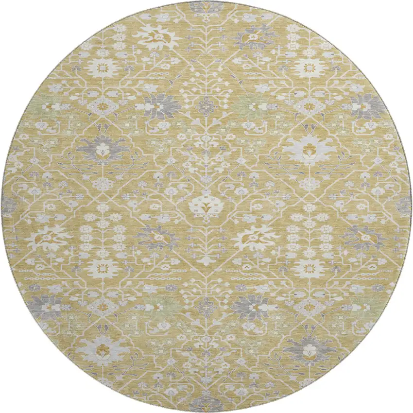 8' Gold Gray And Ivory Oriental Washable Round Rug With UV Protection Photo 1