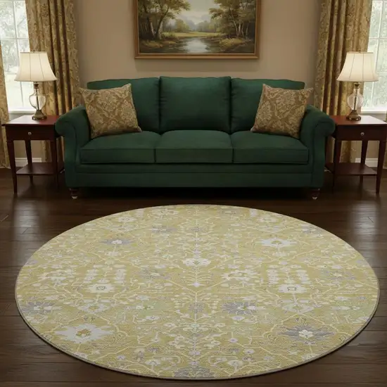 8' Gold Gray And Ivory Oriental Washable Round Rug With UV Protection Photo 2