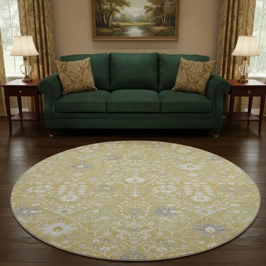8' Gold Gray And Ivory Oriental Washable Round Rug With UV Protection Photo 2