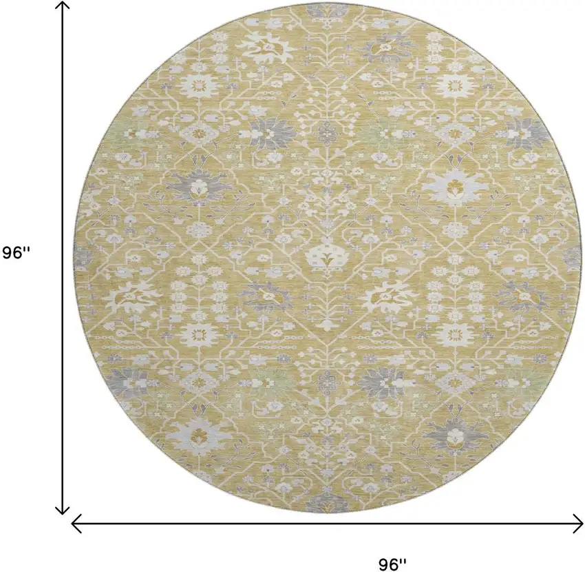 8' Gold Gray And Ivory Oriental Washable Round Rug With UV Protection Photo 9