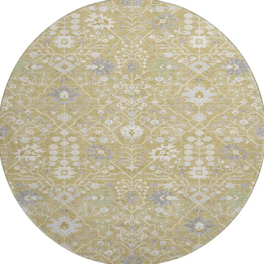 8' Gold Gray And Ivory Oriental Washable Round Rug With UV Protection Photo 3