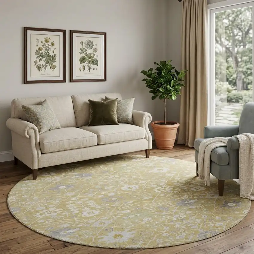 8' Gold Gray And Ivory Oriental Washable Round Rug With UV Protection Photo 1