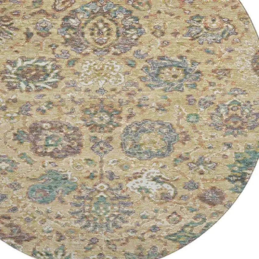 8' Gold Gray And Ivory Oriental Washable Round Rug With UV Protection Photo 3