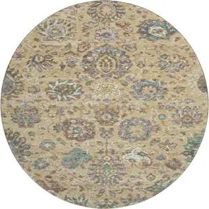 Photo of 8' Gold Gray And Ivory Oriental Washable Round Rug With UV Protection