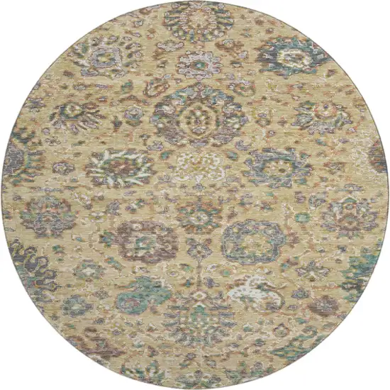 8' Gold Gray And Ivory Oriental Washable Round Rug With UV Protection Photo 1