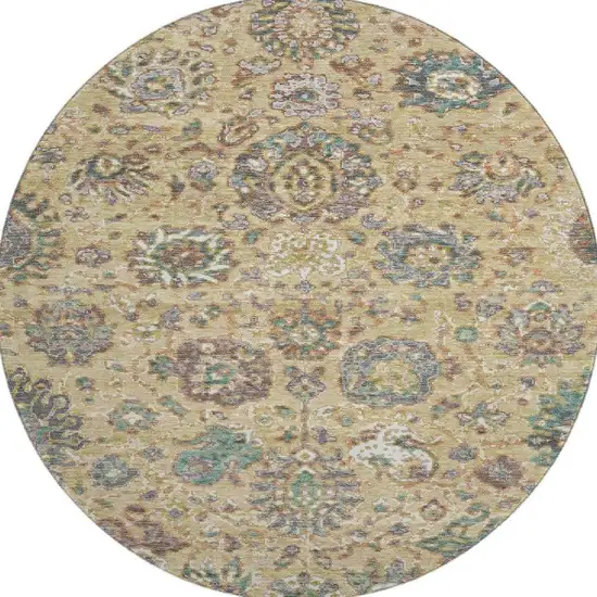8' Gold Gray And Ivory Oriental Washable Round Rug With UV Protection Photo 4