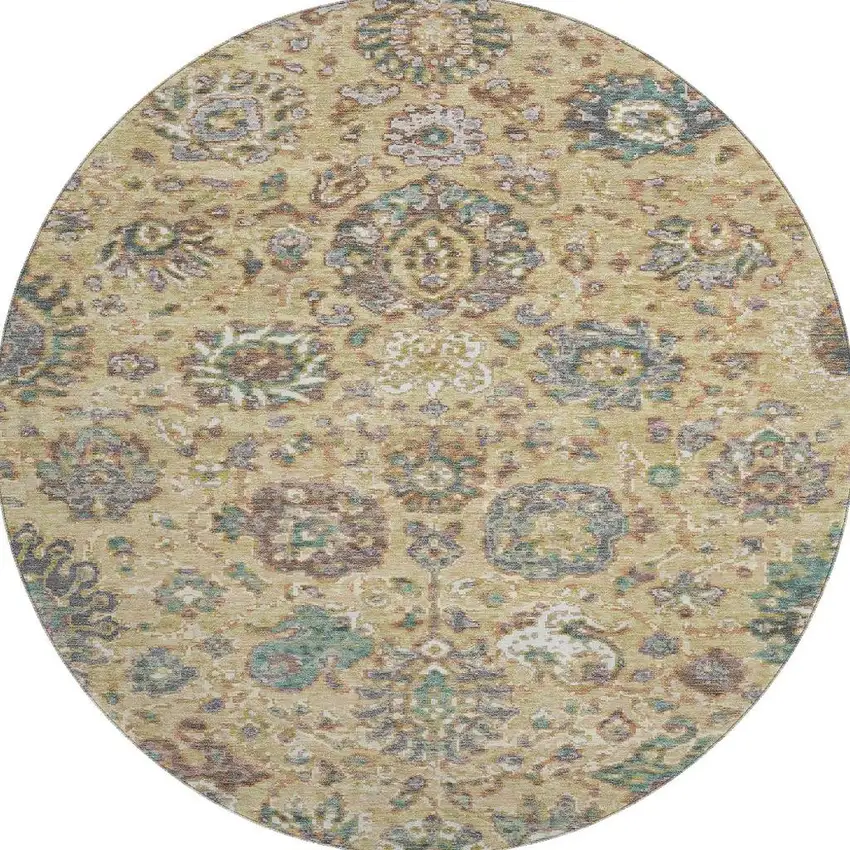 8' Gold Gray And Ivory Oriental Washable Round Rug With UV Protection Photo 4