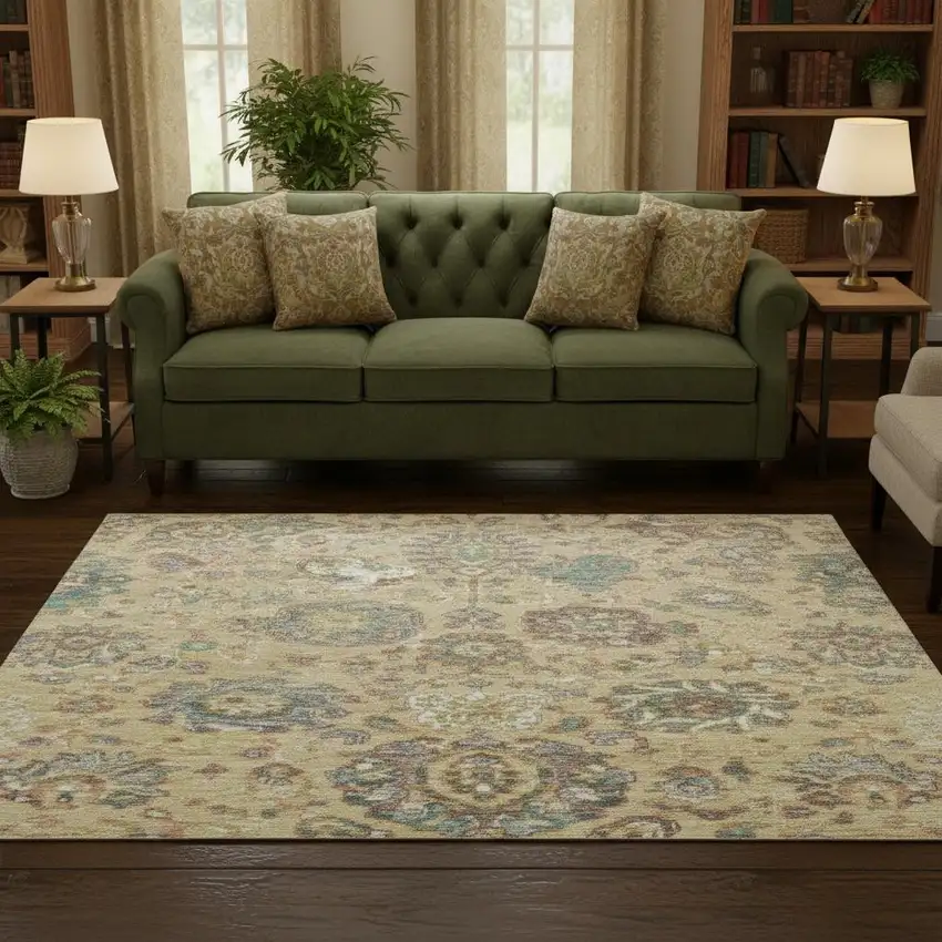 8' Gold Gray And Ivory Oriental Washable Round Rug With UV Protection Photo 2