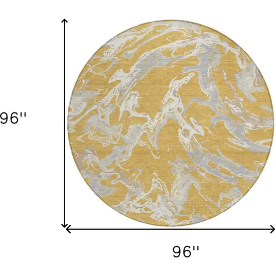 8' Gold Gray And Ivory Round Abstract Washable Indoor Outdoor Area Rug Photo 3