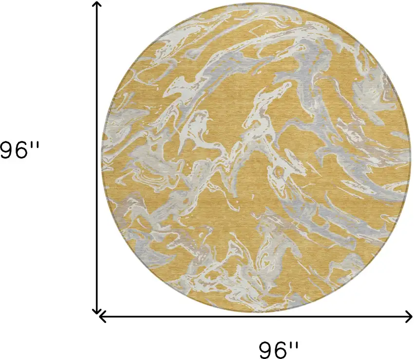 8' Gold Gray And Ivory Round Abstract Washable Indoor Outdoor Area Rug Photo 3