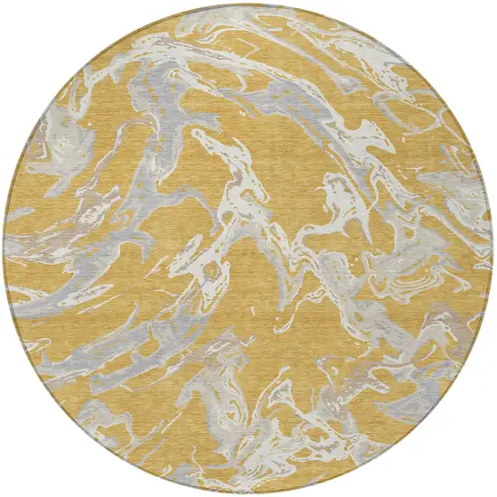 8' Gold Gray And Ivory Round Abstract Washable Indoor Outdoor Area Rug Photo 6