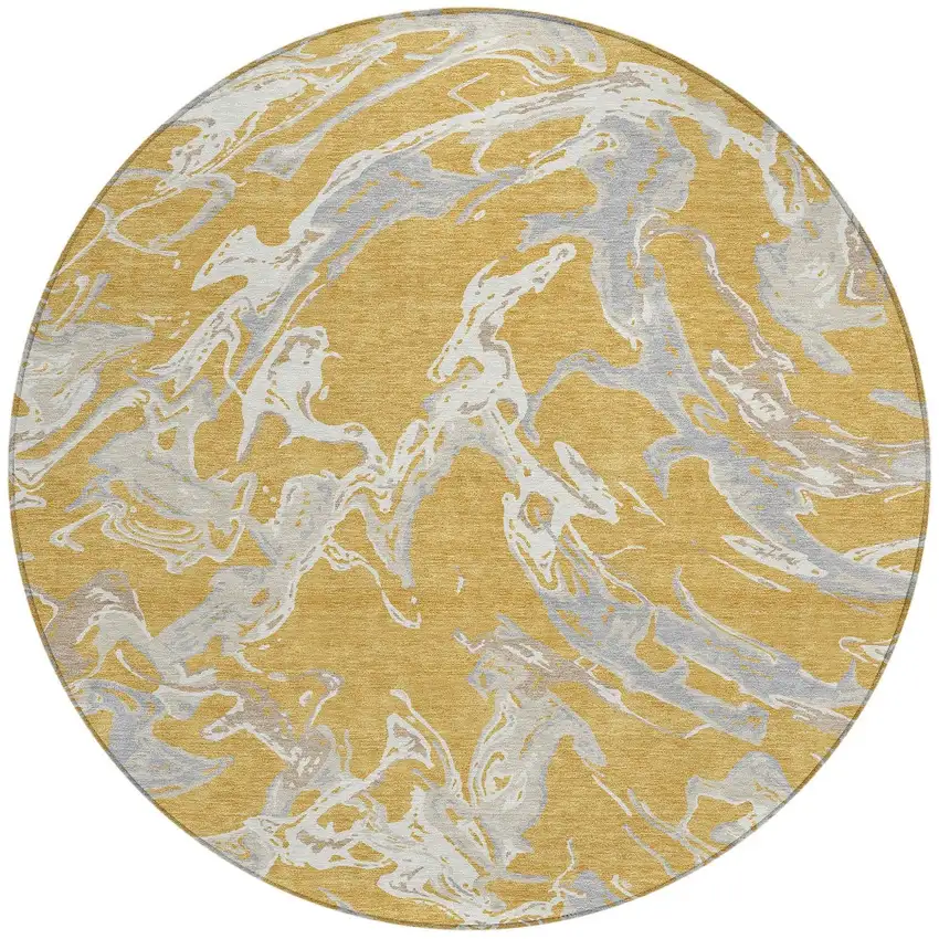 8' Gold Gray And Ivory Round Abstract Washable Indoor Outdoor Area Rug Photo 5
