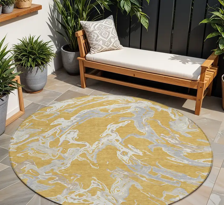 8' Gold Gray And Ivory Round Abstract Washable Indoor Outdoor Area Rug Photo 1