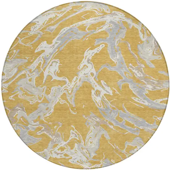 8' Gold Gray And Ivory Round Abstract Washable Indoor Outdoor Area Rug Photo 2
