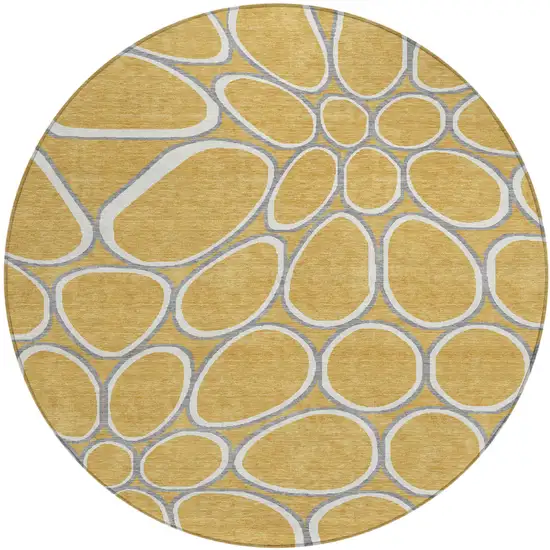 8' Gold Gray And Ivory Round Abstract Washable Indoor Outdoor Area Rug Photo 2