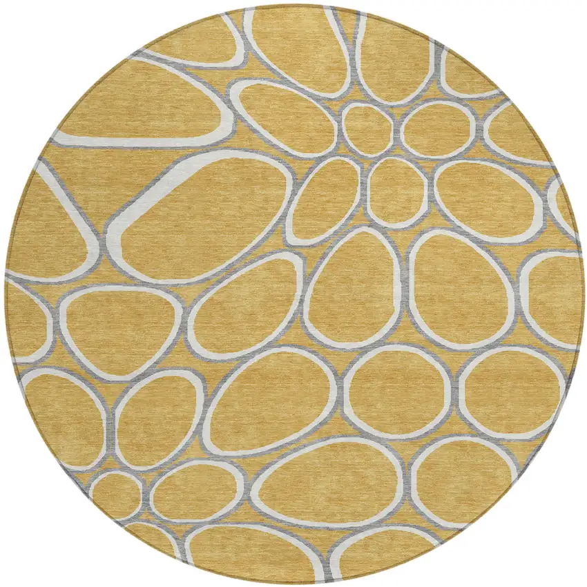 8' Gold Gray And Ivory Round Abstract Washable Indoor Outdoor Area Rug Photo 2