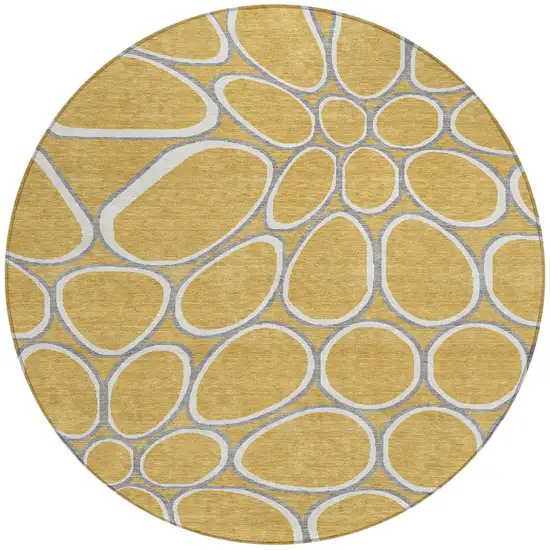 8' Gold Gray And Ivory Round Abstract Washable Indoor Outdoor Area Rug Photo 5