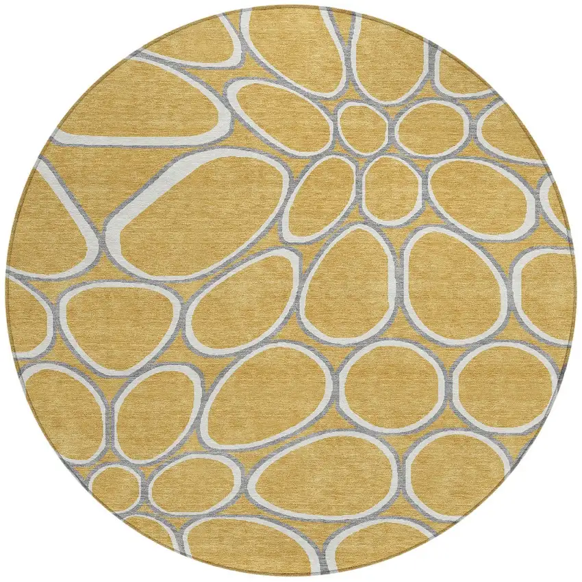 8' Gold Gray And Ivory Round Abstract Washable Indoor Outdoor Area Rug Photo 5