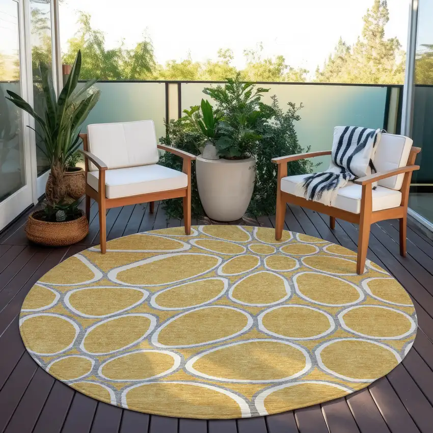 8' Gold Gray And Ivory Round Abstract Washable Indoor Outdoor Area Rug Photo 7