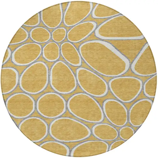 8' Gold Gray And Ivory Round Abstract Washable Indoor Outdoor Area Rug Photo 6