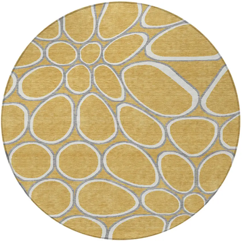 8' Gold Gray And Ivory Round Abstract Washable Indoor Outdoor Area Rug Photo 6