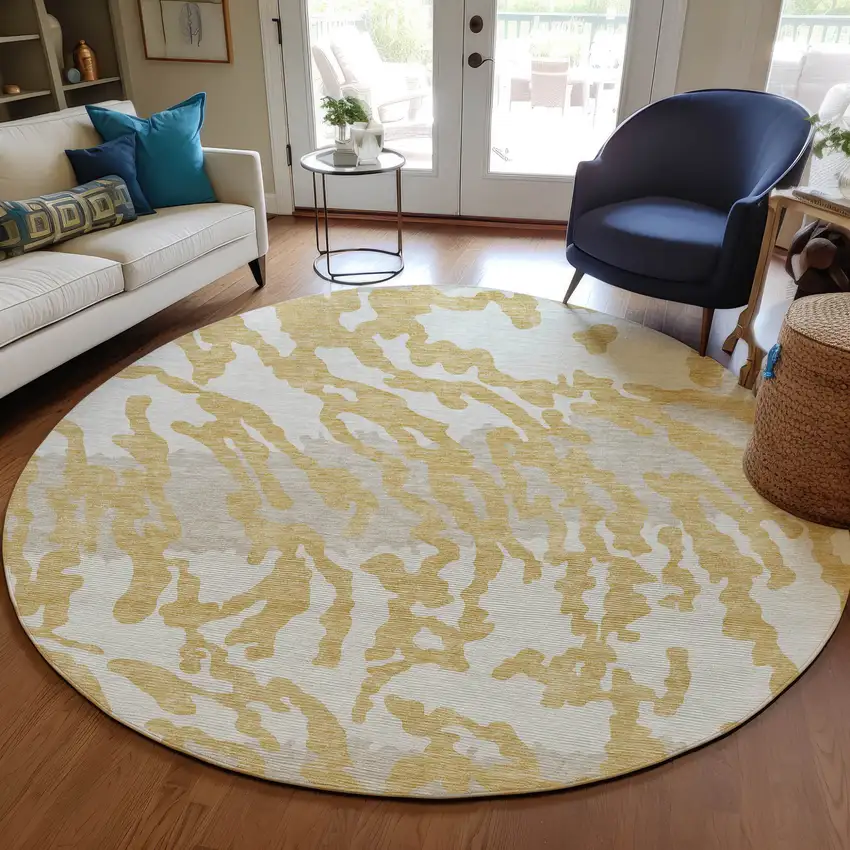 8' Gold Gray And Ivory Round Animal Print Washable Indoor Outdoor Area Rug Photo 5