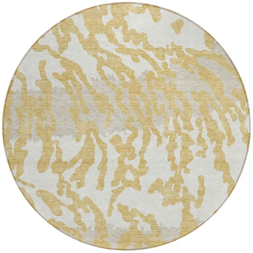 8' Gold Gray And Ivory Round Animal Print Washable Indoor Outdoor Area Rug Photo 3
