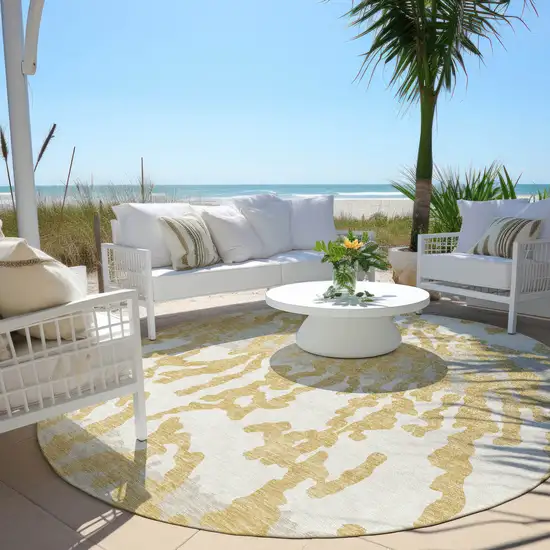 8' Gold Gray And Ivory Round Animal Print Washable Indoor Outdoor Area Rug Photo 4