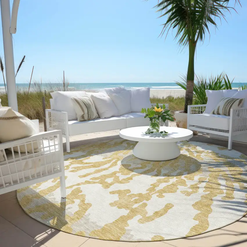 8' Gold Gray And Ivory Round Animal Print Washable Indoor Outdoor Area Rug Photo 4
