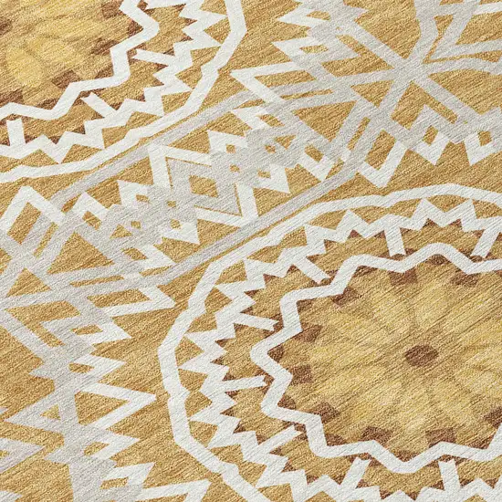 8' Gold Gray And Ivory Round Floral Medallion Washable Indoor Outdoor Area Rug Photo 5