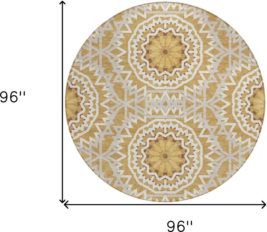 8' Gold Gray And Ivory Round Floral Medallion Washable Indoor Outdoor Area Rug Photo 3