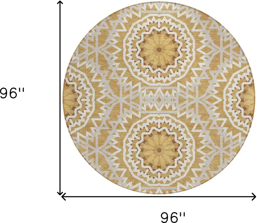 8' Gold Gray And Ivory Round Floral Medallion Washable Indoor Outdoor Area Rug Photo 3